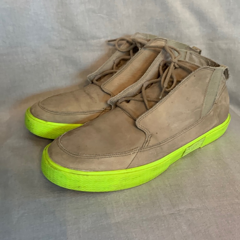Air Jordon Beige Suede Lace Up High Tops with Neon Green Soles